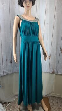 Sandiva Women L Sleeveless Maxi Dress Gown Beaded Neckline Gathered Bodice